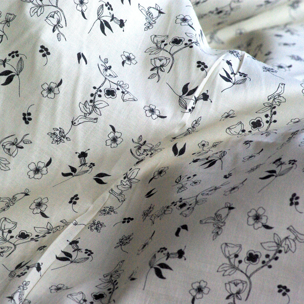 Cotton Lawn, Cream and Black Bird Print