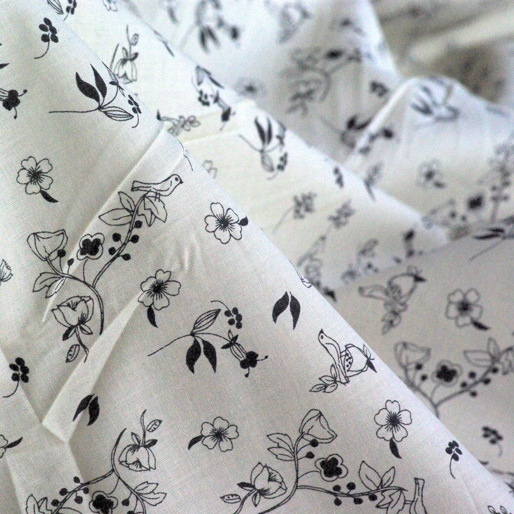 Cotton Lawn, Cream and Black Bird Print