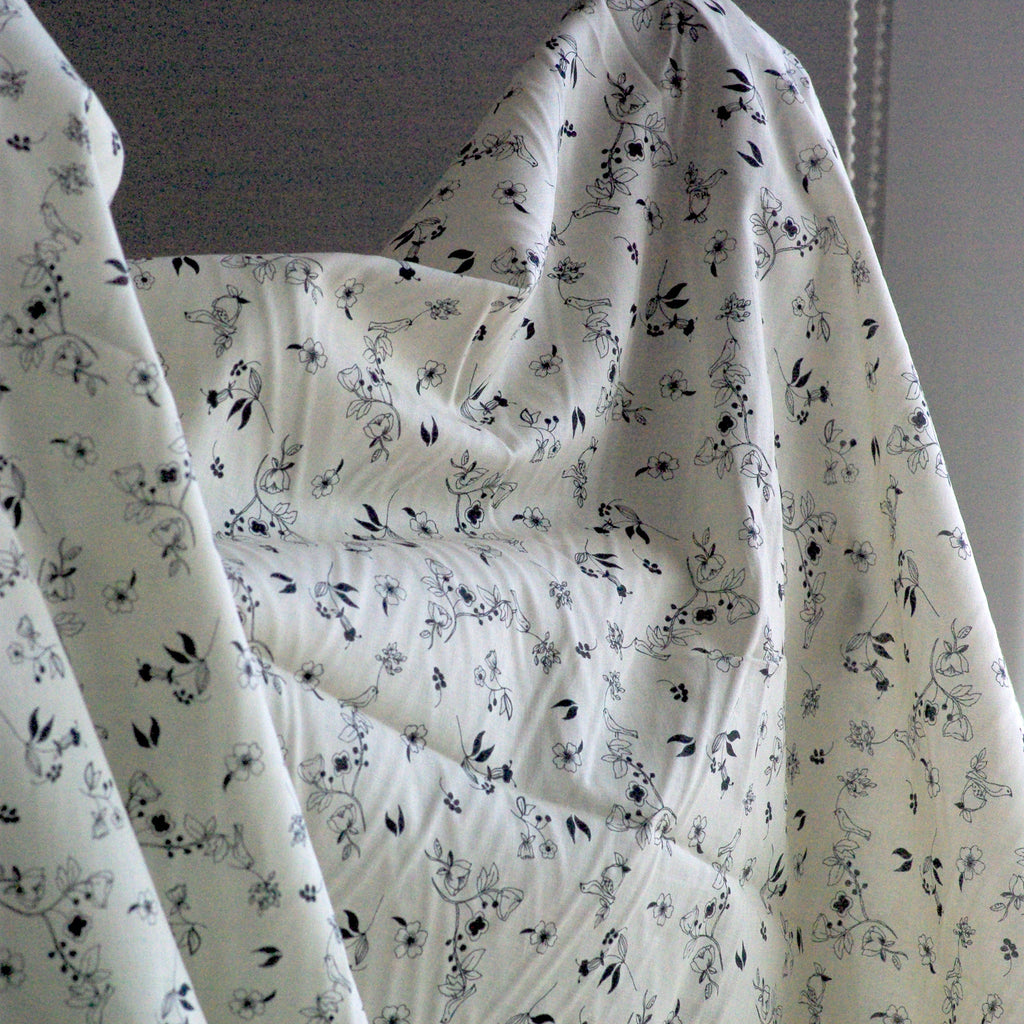 Cotton Lawn, Cream and Black Bird Print